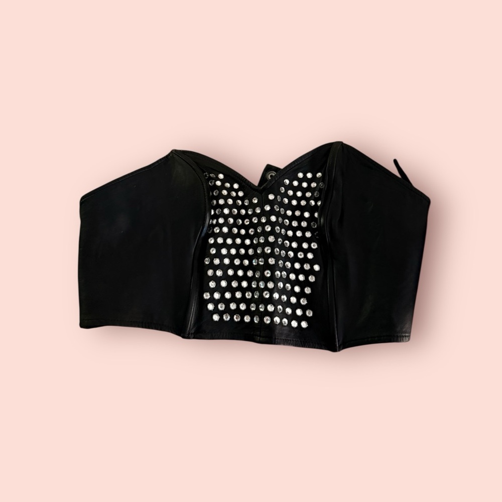 Ethnix Vintage 1980's Black Leather Zip crop top with crystal studs
